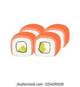 Philadelphia sushi rolls with avocado and cream cheese wrapped in salmon slice. Vector clipart. 