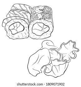 Philadelphia sushi rolls set. Traditional Japanese food. Sushi set objects. Line art vector illustration isolated on white background. Coloring book