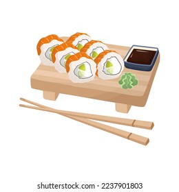 Philadelphia sushi set with soy souse and wasabi. Asian food flat vector. Delivery food.