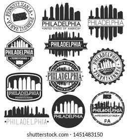 Philadelphia USA Skyline Vector Art Stamps. Silhouette Emblematic Buildings.