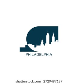 Philadelphia vector icon with skyline, panoramic view, city shape. USA, Pennsylvania state landmarks logo concept. Blue flat isolated graphic, badge
