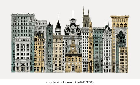 Philadelphia's sky-scrapers vintage architecture, vintage vector element. Architecture illustration vector. Vintage exterior architecture art drawing illustration, old painting art print vector.