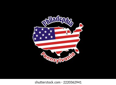 Philadephia. Map of the United States of America with the national flag of the United States isolated on a white background. Vector illustration.