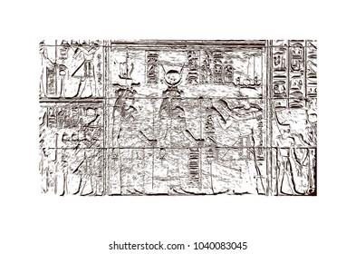 Philae is currently an island in the reservoir of the Aswan Low Dam, downstream of the Aswan Dam and Lake Nasser, Egypt. Hand drawn sketch illustration in vector.