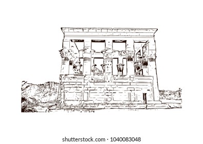 Philae is currently an island in the reservoir of the Aswan Low Dam, downstream of the Aswan Dam and Lake Nasser, Egypt. Hand drawn sketch illustration in vector.