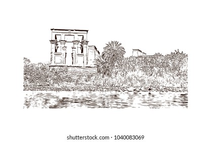 Philae is currently an island in the reservoir of the Aswan Low Dam, downstream of the Aswan Dam and Lake Nasser, Egypt. Hand drawn sketch illustration in vector.