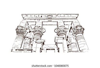 Philae is currently an island in the reservoir of the Aswan Low Dam, downstream of the Aswan Dam and Lake Nasser, Egypt. Hand drawn sketch illustration in vector.