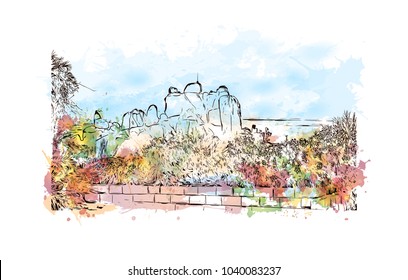 Philae is currently an island in the reservoir of the Aswan Low Dam, downstream of the Aswan Dam and Lake Nasser, Egypt. Watercolor splash with hand drawn sketch in vector.