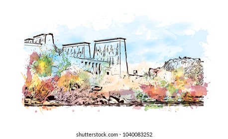Philae is currently an island in the reservoir of the Aswan Low Dam, downstream of the Aswan Dam and Lake Nasser, Egypt. Watercolor splash with hand drawn sketch in vector.