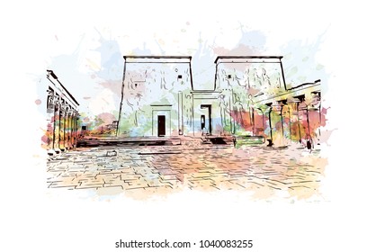 Philae is currently an island in the reservoir of the Aswan Low Dam, downstream of the Aswan Dam and Lake Nasser, Egypt. Watercolor splash with hand drawn sketch in vector.