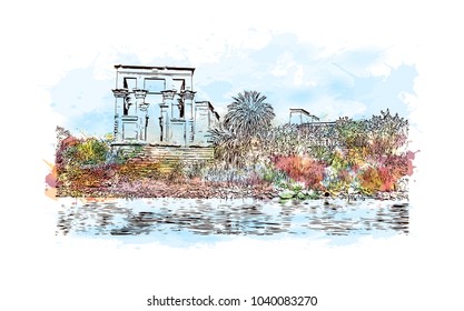 Philae is currently an island in the reservoir of the Aswan Low Dam, downstream of the Aswan Dam and Lake Nasser, Egypt. Watercolor splash with hand drawn sketch in vector.