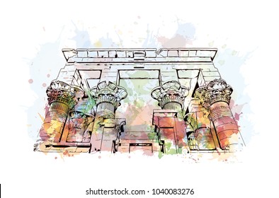 Philae is currently an island in the reservoir of the Aswan Low Dam, downstream of the Aswan Dam and Lake Nasser, Egypt. Watercolor splash with hand drawn sketch in vector.