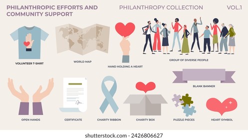 Philanthropic efforts and community support from tiny person collection set. Labeled philanthropy elements with social aid, help and donations vector illustration. Assistance and generosity campaign.