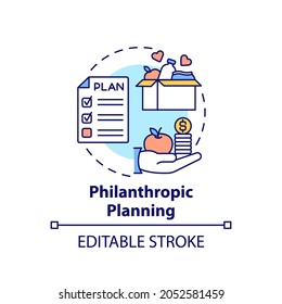 Philanthropic planning concept icon. Wealth advisory idea thin line illustration. Plan for charitable giving. Money distribution for charity. Vector isolated outline RGB color drawing. Editable stroke