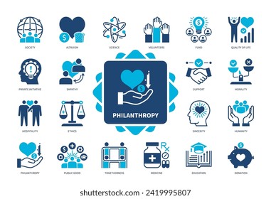 Philanthropy icon set. Altruism, Quality of Life, Sincerity, Empathy, Ethics, Hospitality, Public Good, Donation. Duotone color solid icons