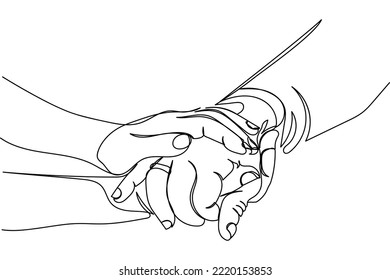 Philanthropy. kindness. Empathy. Old age care. Family bonding. Old person day. Continuous line art poster of social support. Kid holding hand of senior. Grandparents love. Mental health care. wellness