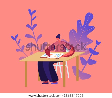 Philatelist Female Character Sitting at Table Watching Album with Philately Stamps. Woman Collecting Postal Stamps, Philately Collection Hobby, Rarity Postmarks Examine. Cartoon Vector Illustration
