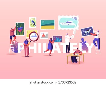 Philately Concept. Tiny Male and Female Characters Collecting and Studying History of National Postage Stamps. Fee for Sending Items by Mail Poster Banner Flyer. Cartoon People Vector Illustration