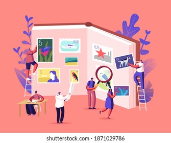 Philately Concept. Tiny Philatelist Male Female Characters Collecting and Studying History of National Postage Stamps at Huge Album. Fee for Sending Items by Mail. Cartoon People Vector Illustration