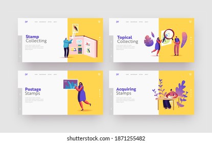 Philately Landing Page Template Set. Tiny Philatelist Characters Collecting and Studying History of National Postage Stamps at Album. Fee for Sending Items by Mail. Cartoon People Vector Illustration