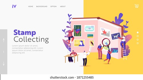 Philately Landing Page Template. Tiny Philatelist Characters Collecting and Studying History of National Postage Stamps at Huge Album. Fee for Sending Items by Mail. Cartoon People Vector Illustration