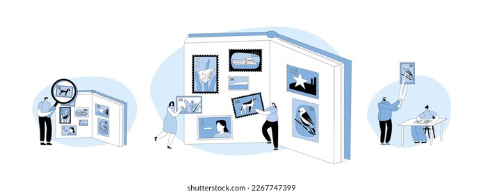 Philately and Marks Collection Concept. Tiny Male and Female Characters Collecting and Studying History of National Postage Stamps. Fee for Sending Items by Mail. Cartoon People Vector Illustration