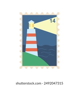 Philately postage stamp with beacon over ocean water waves background isolated vector illustration