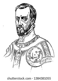 Philip II, 1527-1598, he was the king of Spain and king of Portugal, vintage line drawing or engraving illustration