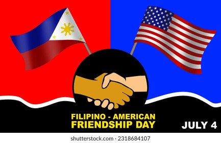 
Philippine and American flags and handshake illustration and bold text commemorating Filipino-American Friendship Day on July 4th
