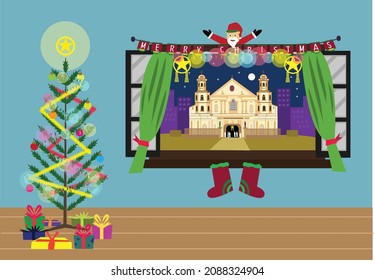 Philippine Christmas concept with dawn mass or night mass viewed through window. Editable Clip Art.