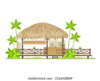 Philippine cuisine restaurant vector building of tropical beach tiki bar, hut cafe or restaurant. Bamboo bungalow with straw roof, wooden tables and chairs, bar counter, signboard and palm trees