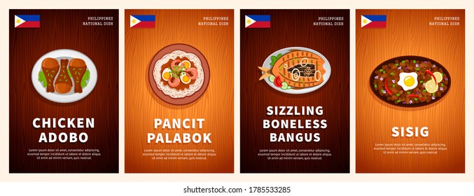 Cocina filipina, comida tradicional, platos nacionales sobre una mesa de madera. Pollo Adobo, Pancit Palabok, Sizzling Boneless Bangus, Sisig. Vista superior. Plantilla para el menú. Ilustración vectorial plana.