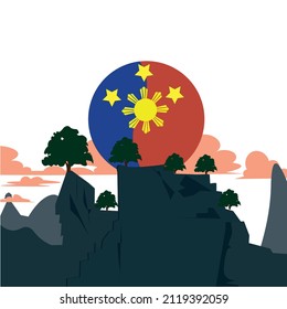 Philippine flag in a Circle and a Mountain Landscape. Vector Image.