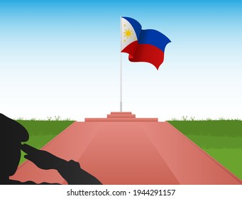 Philippine flag on a pole with the image of a soldier saluting the flag