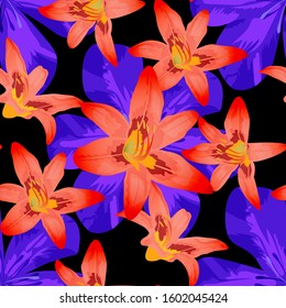 Philippine Flowers. Big Texture in Fresh Colors. Modern Background for Dress, Curtain, Wallpaper. Seamless Pattern with Indonesian Jungle. Vector Seamless Pattern with Philippine Flowers