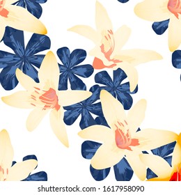 Philippine Flowers. Big Texture in Fresh Colors. Retro Background for Curtain, Shirt, Paper. Seamless Pattern with Hawaiian Rainforest. Vector Seamless Pattern with Philippine Flowers