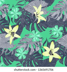 Philippine Flowers. Big Texture. Modern Background for Fabric, Wallpaper, Cloth. Seamless Tropical Pattern with Hawaiian Jungle. Vector Seamless Pattern with Philippine Flowers