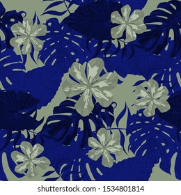 Philippine Flowers. Big Texture. Retro Background for Fabric, Tablecloth, Swimwear. Seamless Tropical Pattern with Hawaiian Rainforest. Vector Seamless Pattern with Philippine Flowers