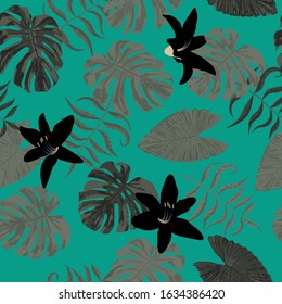 Philippine Flowers. Big Texture. Retro Background for Curtain, Tablecloth, Cloth. Seamless Tropical Pattern with Brasilian Rainforest. Vector Seamless Pattern with Philippine Flowers