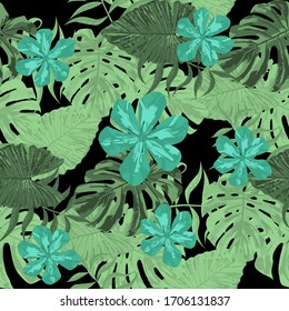 Philippine Flowers. Big Texture. Retro Background for Dress, Underwear, Swimwear. Seamless Tropical Pattern with Hawaiian Jungle. Vector Seamless Pattern with Philippine Flowers