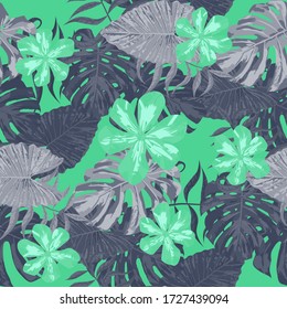 Philippine Flowers. Big Texture. Retro Background for Swimwear, Fabric, Paper. Seamless Tropical Pattern with Hawaiian Rainforest. Vector Seamless Pattern with Philippine Flowers