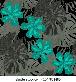 Philippine Flowers. Big Texture. Seamless Tropical Pattern with Brasilian Rainforest. Vintage Background for Curtain, Tablecloth, Shirt. Vector Seamless Pattern with Philippine Flowers