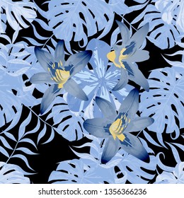 Philippine Flowers. Big Texture. Seamless Tropical Pattern with Brasilian Rainforest. Retro Background for Dress, Cloth, Tablecloth. Vector Seamless Pattern with Philippine Flowers