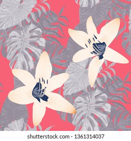 Philippine Flowers. Big Texture. Seamless Tropical Pattern with Australian Rainforest. Modern Background for Fabric, Swimwear, Wallpaper. Vector Seamless Pattern with Philippine Flowers