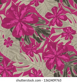 Philippine Flowers. Big Texture. Seamless Tropical Pattern with Brasilian Rainforest. Vintage Background for Wallpaper, Cloth, Tablecloth. Vector Seamless Pattern with Philippine Flowers