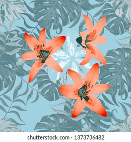 Philippine Flowers. Big Texture. Seamless Tropical Pattern with Australian Rainforest. Vintage Background for Dress, Tablecloth, Underwear. Vector Seamless Pattern with Philippine Flowers