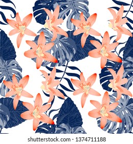 Philippine Flowers. Big Texture. Seamless Tropical Pattern with Hawaiian Rainforest. Retro Background for Wallpaper, Cloth, Dress. Vector Seamless Pattern with Philippine Flowers