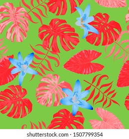 Philippine Flowers. Big Texture. Seamless Tropical Pattern with Indonesian Jungle. Trendy Background for Wallpaper, Paper, Cloth. Vector Seamless Pattern with Philippine Flowers