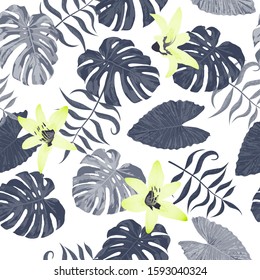 Philippine Flowers. Big Texture. Seamless Tropical Pattern with Brasilian Jungle. Vintage Background for Underwear, Shirt, Tablecloth. Vector Seamless Pattern with Philippine Flowers