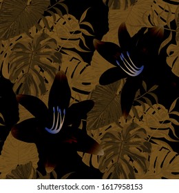 Philippine Flowers. Big Texture. Seamless Tropical Pattern with Indian Rainforest. Modern Background for Wallpaper, Tablecloth, Cloth. Vector Seamless Pattern with Philippine Flowers